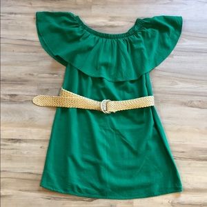 Green off-shoulder linen dress